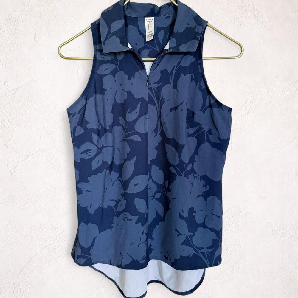 Spanx Sleeveless Quarter Zip Performance Top XS Blue Floral Print